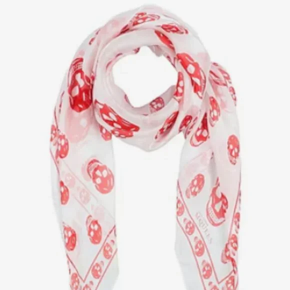 Alexander McQueen Skull Silk Scarf White Red - Picture 2 of 7